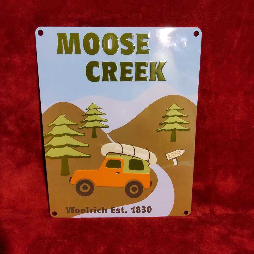 Woolrich Clothing Moose Creek Canoe on Jeep Metal Sign Rustic Retro Cabin Decor